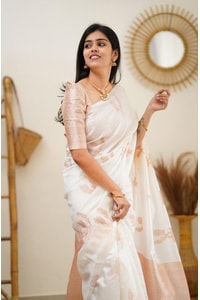 White Banarasi Soft Silk Saree with Copper Zari Leaf Buttis and Peach Woven Pallu  in Surat