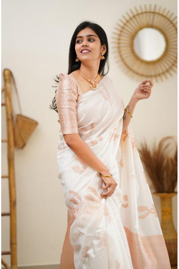 White Banarasi Soft Silk Saree with Copper Zari Leaf Buttis and Peach Woven Pallu  in Surat