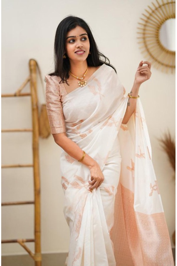 White Banarasi Soft Silk Saree with Copper Zari Leaf Buttis and Peach Woven Pallu  in Surat
