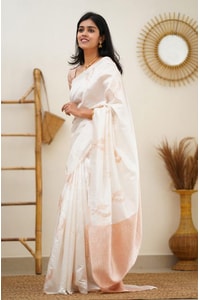 White Banarasi Soft Silk Saree with Copper Zari Leaf Buttis and Peach Woven Pallu  in Surat