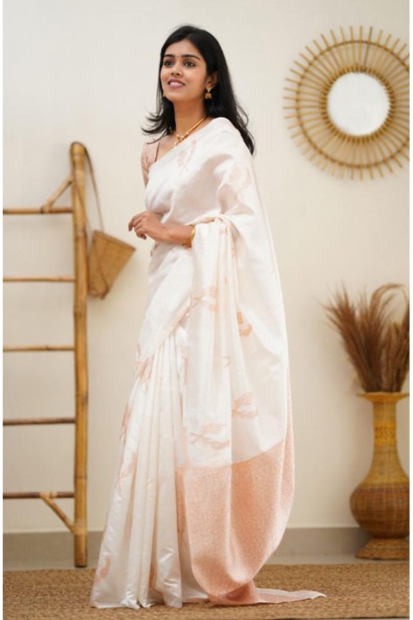 White Banarasi Soft Silk Saree with Copper Zari Leaf Buttis and Peach Woven Pallu  in Surat