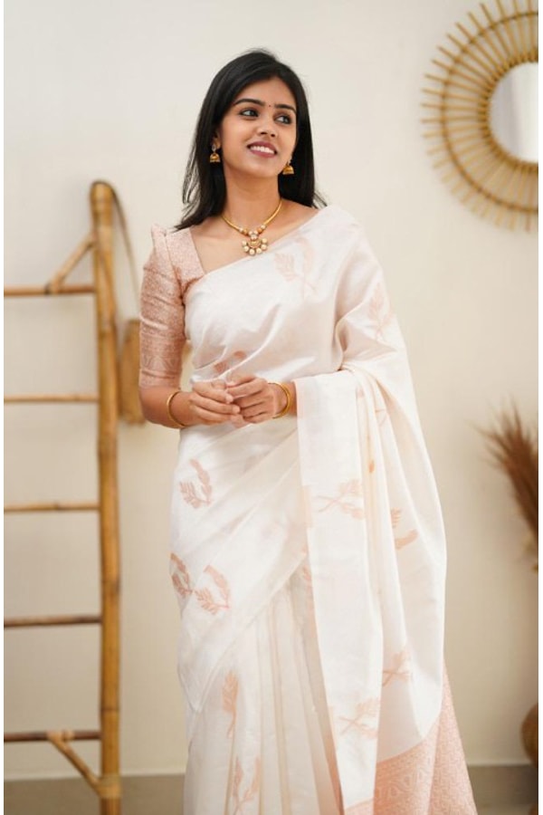 White Banarasi Soft Silk Saree with Copper Zari Leaf Buttis and Peach Woven Pallu  in Surat