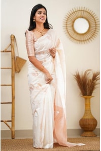 White Banarasi Soft Silk Saree with Copper Zari Leaf Buttis and Peach Woven Pallu  in Surat