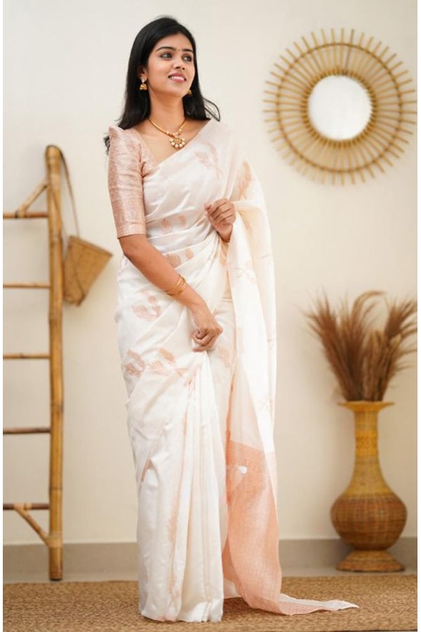 White Banarasi Soft Silk Saree with Copper Zari Leaf Buttis and Peach Woven Pallu  in Surat