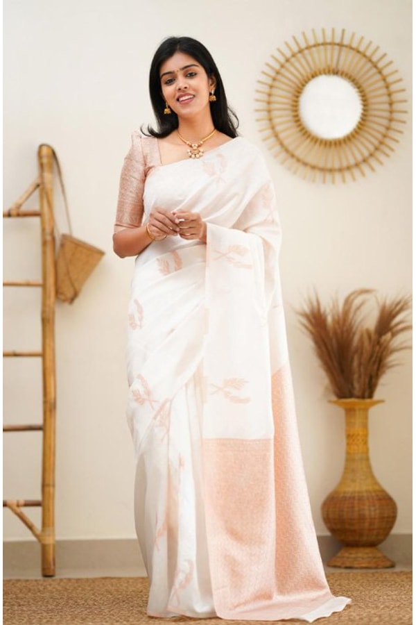 White Banarasi Soft Silk Saree with Copper Zari Leaf Buttis and Peach Woven Pallu  in Surat