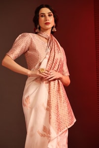 White Banarasi Soft Silk Saree with Copper Zari Leaf Buttis and Peach Woven Pallu  in Surat