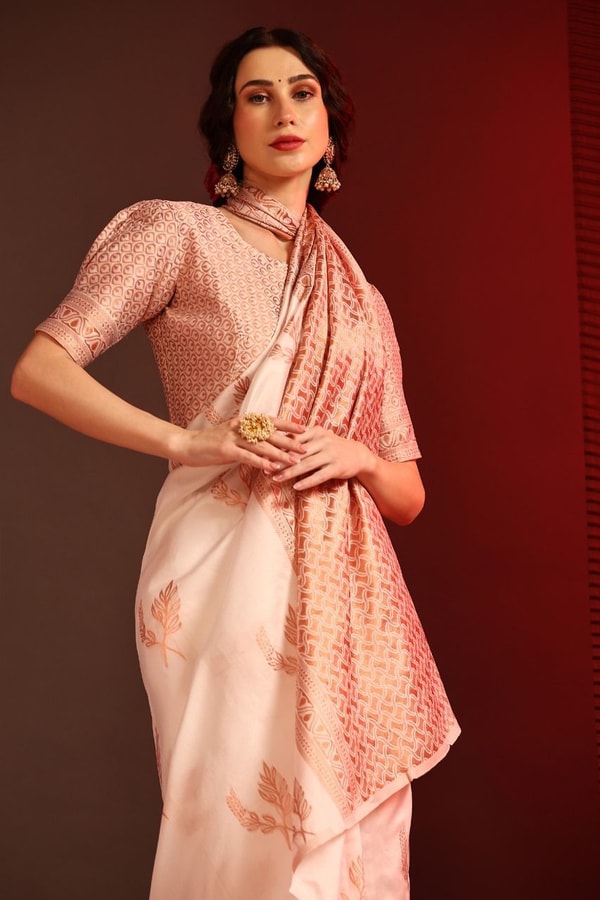 White Banarasi Soft Silk Saree with Copper Zari Leaf Buttis and Peach Woven Pallu  in Surat