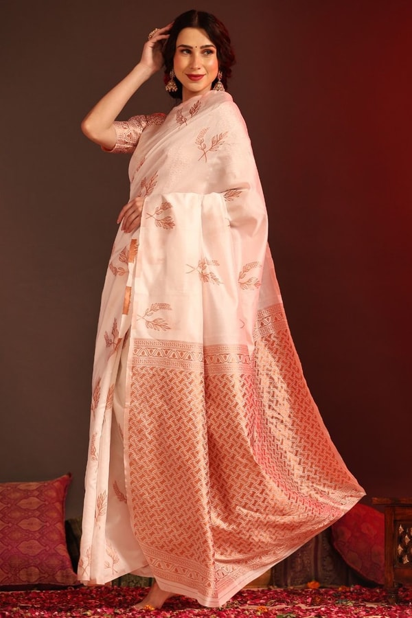 White Banarasi Soft Silk Saree with Copper Zari Leaf Buttis and Peach Woven Pallu  in Surat
