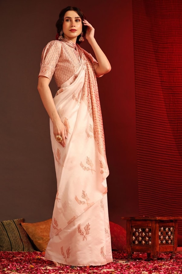 White Banarasi Soft Silk Saree with Copper Zari Leaf Buttis and Peach Woven Pallu  in Surat