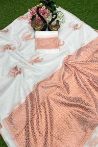 White Banarasi Soft Silk Saree with Copper Zari Leaf Buttis and Peach Woven Pallu  in Surat