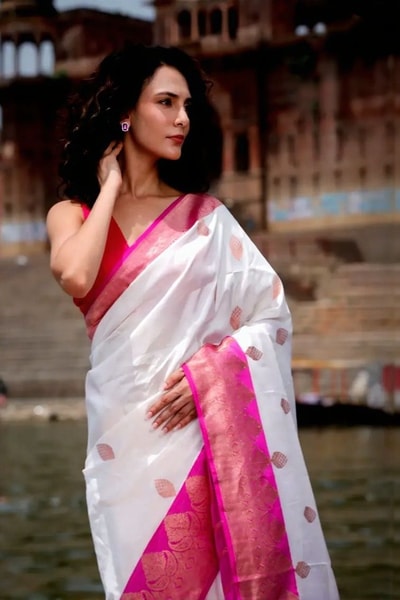 White Banarasi Soft Silk Saree with Rani Pink Border and Pink Zari Buttas in Surat
