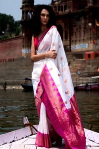 White Banarasi Soft Silk Saree with Rani Pink Border and Pink Zari Buttas  in Surat