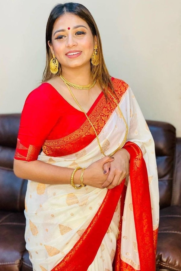 White Banarasi Soft Silk Saree with Red or Coral Zari Border, Pallu and Gold Butis  in Surat