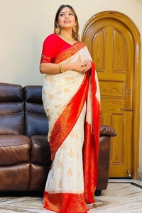 White Banarasi Soft Silk Saree with Red or Coral Zari Border, Pallu and Gold Butis  in Surat