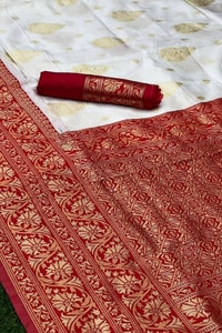 White Banarasi Soft Silk Saree with Red or Coral Zari Border, Pallu and Gold Butis  in Surat