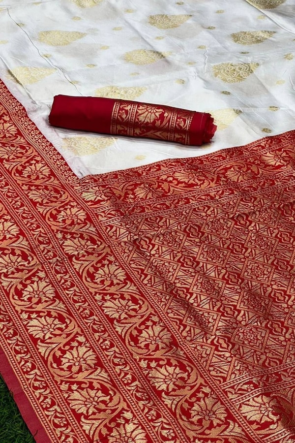 White Banarasi Soft Silk Saree with Red or Coral Zari Border, Pallu and Gold Butis  in Surat