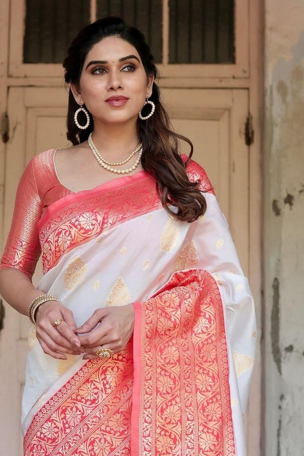 White Banarasi Soft Silk Saree with Red or Coral Zari Border, Pallu and Gold Butis  in Surat