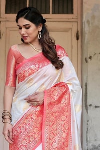 White Banarasi Soft Silk Saree with Red or Coral Zari Border, Pallu and Gold Butis  in Surat