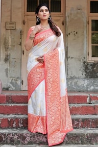 White Banarasi Soft Silk Saree with Red or Coral Zari Border, Pallu and Gold Butis  in Surat