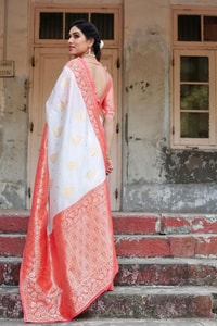 White Banarasi Soft Silk Saree with Red or Coral Zari Border, Pallu and Gold Butis  in Surat