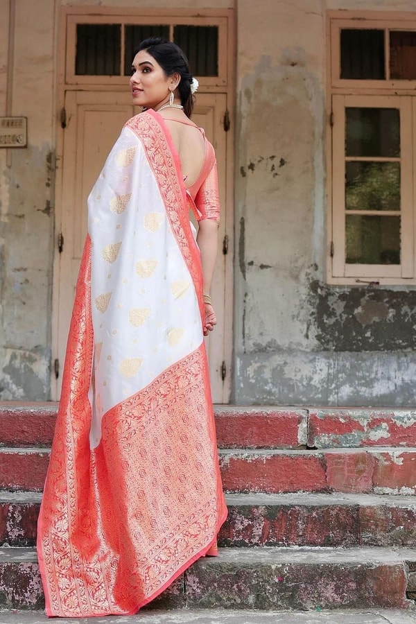 White Banarasi Soft Silk Saree with Red or Coral Zari Border, Pallu and Gold Butis  in Surat