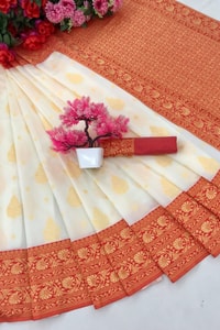 White Banarasi Soft Silk Saree with Red or Coral Zari Border, Pallu and Gold Butis  in Surat