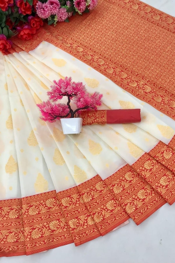 White Banarasi Soft Silk Saree with Red or Coral Zari Border, Pallu and Gold Butis  in Surat