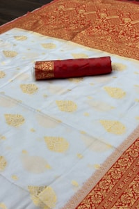 White Banarasi Soft Silk Saree with Red or Coral Zari Border, Pallu and Gold Butis  in Surat