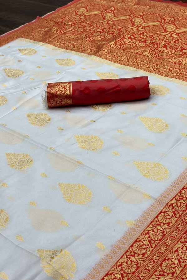 White Banarasi Soft Silk Saree with Red or Coral Zari Border, Pallu and Gold Butis  in Surat