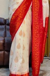 White Banarasi Soft Silk Saree with Red or Coral Zari Border, Pallu and Gold Butis  in Surat video 1
