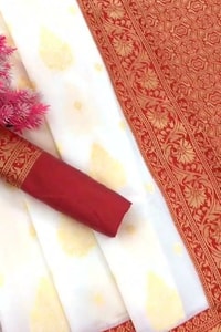 White Banarasi Soft Silk Saree with Red or Coral Zari Border, Pallu and Gold Butis  in Surat video 2