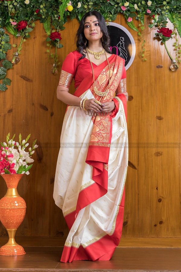 White and Red Bengali Style Banarasi Soft Silk Saree with Red Zari Border and Woven Pallu  in Surat