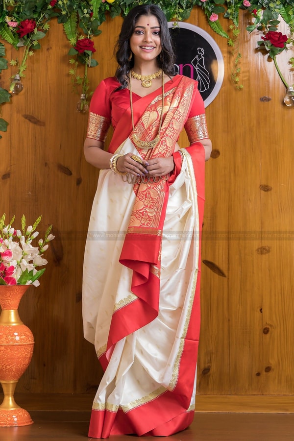 White and Red Bengali Style Banarasi Soft Silk Saree with Red Zari Border and Woven Pallu  in Surat