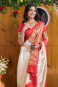 White and Red Bengali Style Banarasi Soft Silk Saree with Red Zari Border and Woven Pallu  in Surat