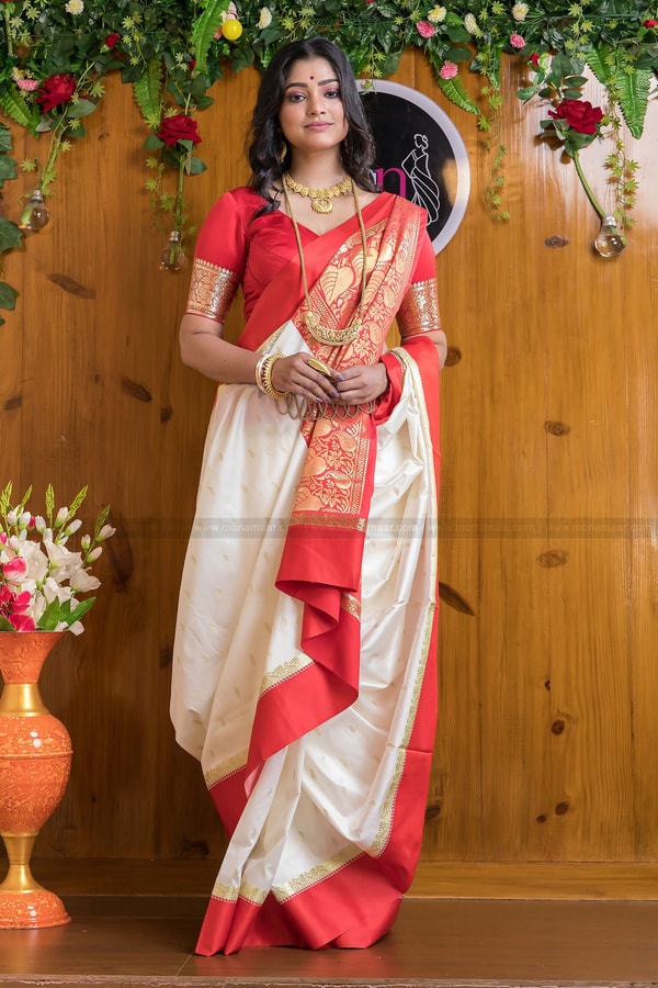 White and Red Bengali Style Banarasi Soft Silk Saree with Red Zari Border and Woven Pallu  in Surat