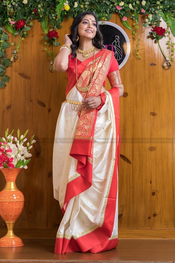 White and Red Bengali Style Banarasi Soft Silk Saree with Red Zari Border and Woven Pallu  in Surat