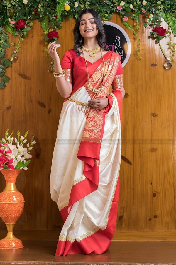 White and Red Bengali Style Banarasi Soft Silk Saree with Red Zari Border and Woven Pallu  in Surat