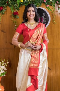 White and Red Bengali Style Banarasi Soft Silk Saree with Red Zari Border and Woven Pallu  in Surat