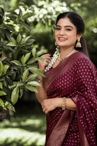 Wine Banarasi Soft Silk Saree with All-Over Copper Zari Motifs and Striped Copper Pallu  in Surat