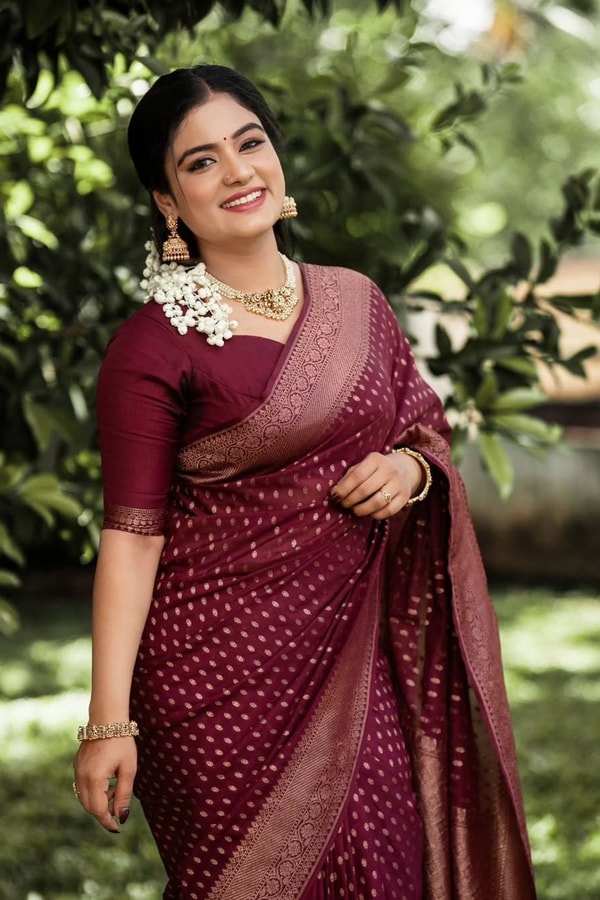 Wine Banarasi Soft Silk Saree with All-Over Copper Zari Motifs and Striped Copper Pallu  in Surat
