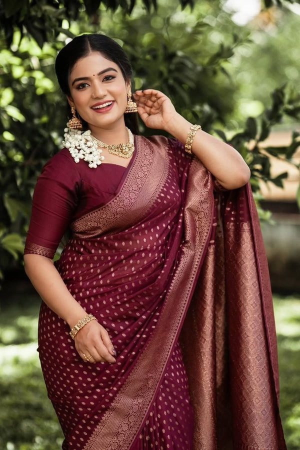 Wine Banarasi Soft Silk Saree with All-Over Copper Zari Motifs and Striped Copper Pallu  in Surat