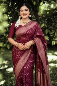 Wine Banarasi Soft Silk Saree with All-Over Copper Zari Motifs and Striped Copper Pallu  in Surat