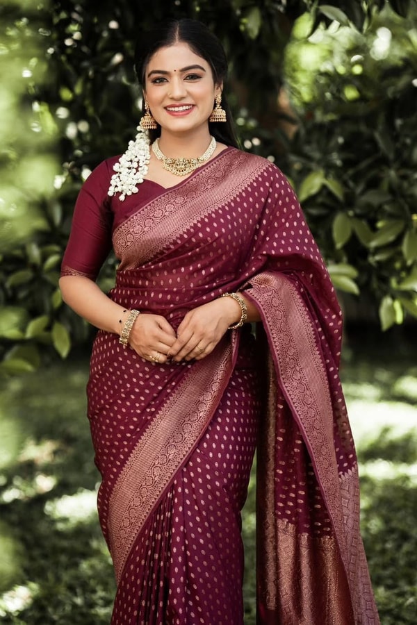 Wine Banarasi Soft Silk Saree with All-Over Copper Zari Motifs and Striped Copper Pallu  in Surat