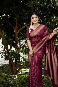 Wine Banarasi Soft Silk Saree with All-Over Copper Zari Motifs and Striped Copper Pallu  in Surat