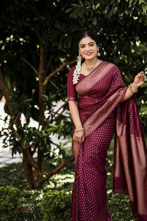 Wine Banarasi Soft Silk Saree with All-Over Copper Zari Motifs and Striped Copper Pallu  in Surat