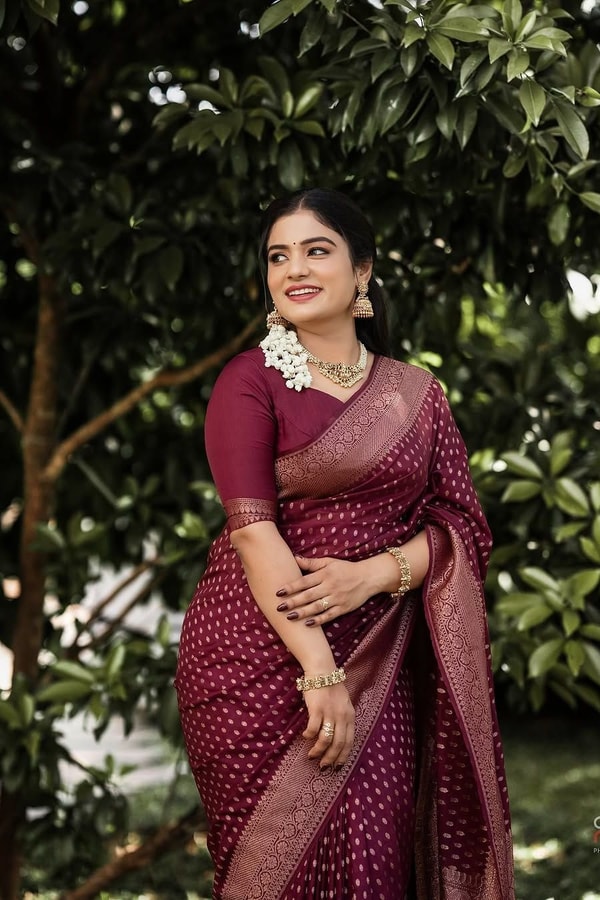 Wine Banarasi Soft Silk Saree with All-Over Copper Zari Motifs and Striped Copper Pallu  in Surat