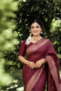 Wine Banarasi Soft Silk Saree with All-Over Copper Zari Motifs and Striped Copper Pallu  in Surat video 1