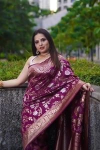Wine Banarasi Soft Silk Saree with All-Over Silver and Copper Floral Jaal  in Surat