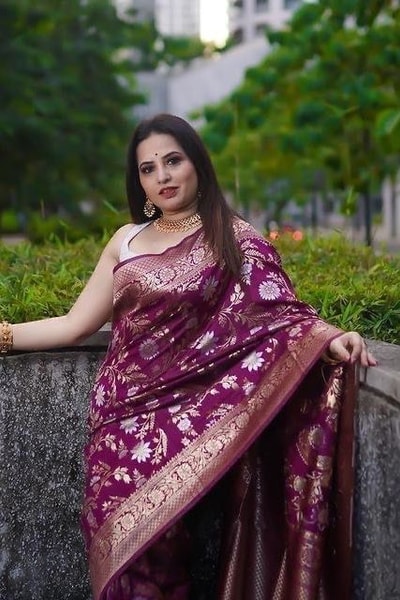 Wine Banarasi Soft Silk Saree with All-Over Silver and Copper Floral Jaal in Surat
