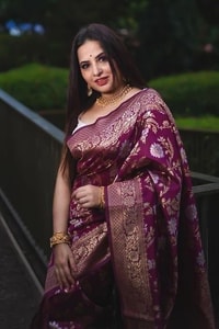 Wine Banarasi Soft Silk Saree with All-Over Silver and Copper Floral Jaal  in Surat